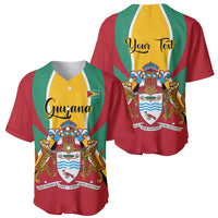Red baseball jerseys, one with Guyana script and one with 'Your Text', coat of arms crest