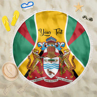 Personalized Guyana coat of arms beach blanket with “Your Text” center and fringed edge