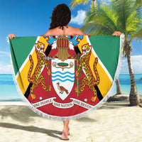 Guyana round beach blanket with “Your Text” and coat of arms graphic, fringed edge