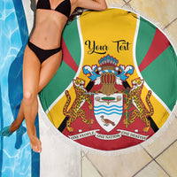 Personalized Guyana flag beach blanket with “Your Text” and coat of arms, round fringed trim