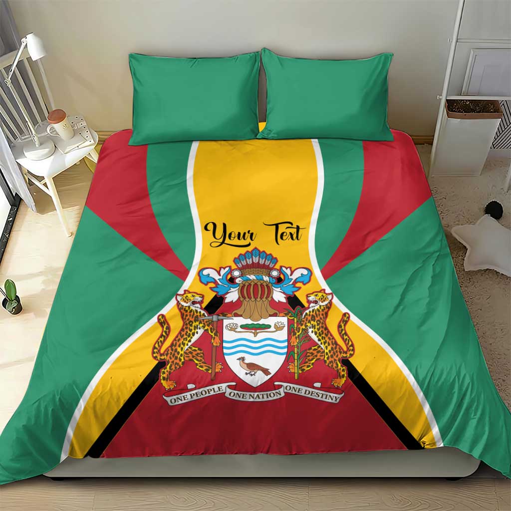 Green Guyana bedding set with coat of arms flag duvet and two matching pillowcases on bed