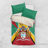 Green Guyana duvet set with coat of arms flag design and two green pillowcases, folded layout
