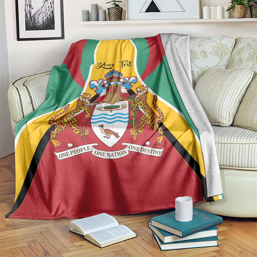 Guyana coat of arms personalized blanket in red, green, and yellow flag colors, on sofa