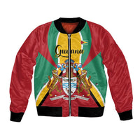 Red bomber jacket with Guyana crest graphic, black collar, and front zipper