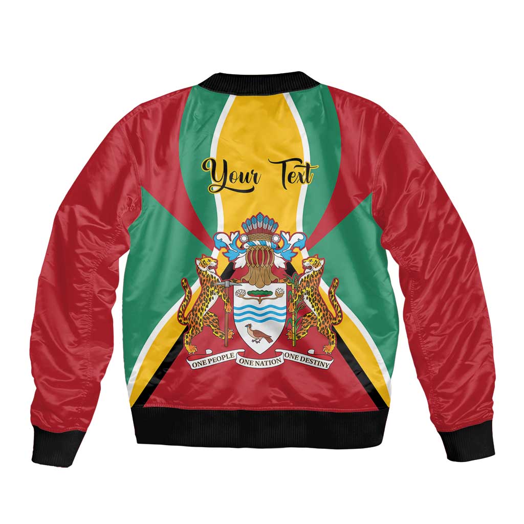Red bomber jacket with flag banner, Your Text print, black ribbed collar and zipper
