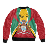 Red bomber jacket with flag banner, Your Text print, black ribbed collar and zipper