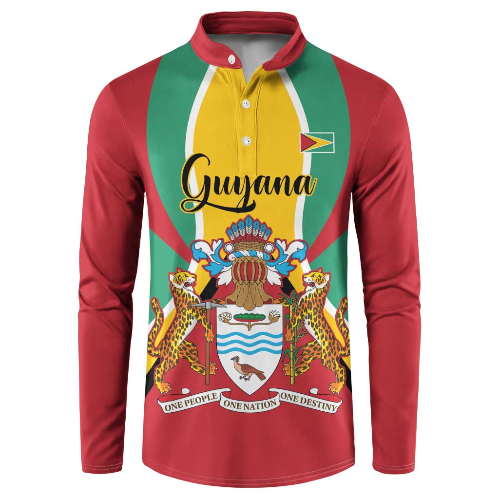 Red green yellow Guyana button sweatshirt with front crest and short snap placket