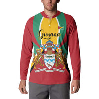 Red green yellow Guyana button sweatshirt on model, front crest and snap buttons