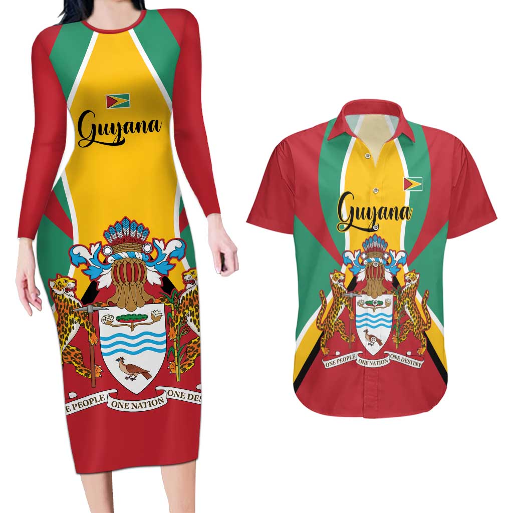 Personalized Guyana Coat Of Arms Couples Matching Long Sleeve Bodycon Dress and Hawaiian Shirt Flag Color