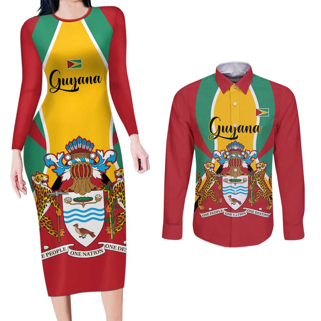 Personalized Guyana Coat Of Arms Couples Matching Long Sleeve Bodycon Dress and Long Sleeve Button Shirt Flag Color