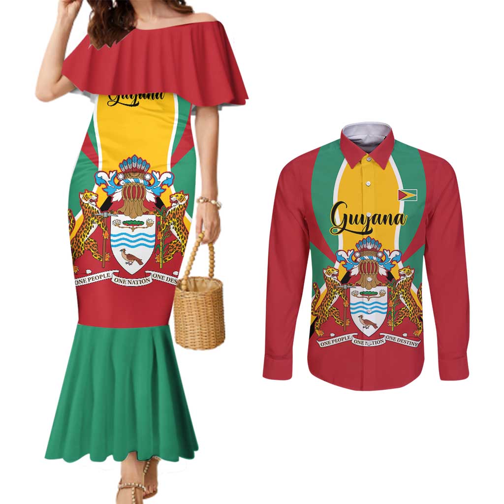 Personalized Guyana Coat Of Arms Couples Matching Mermaid Dress and Long Sleeve Button Shirt Flag Color