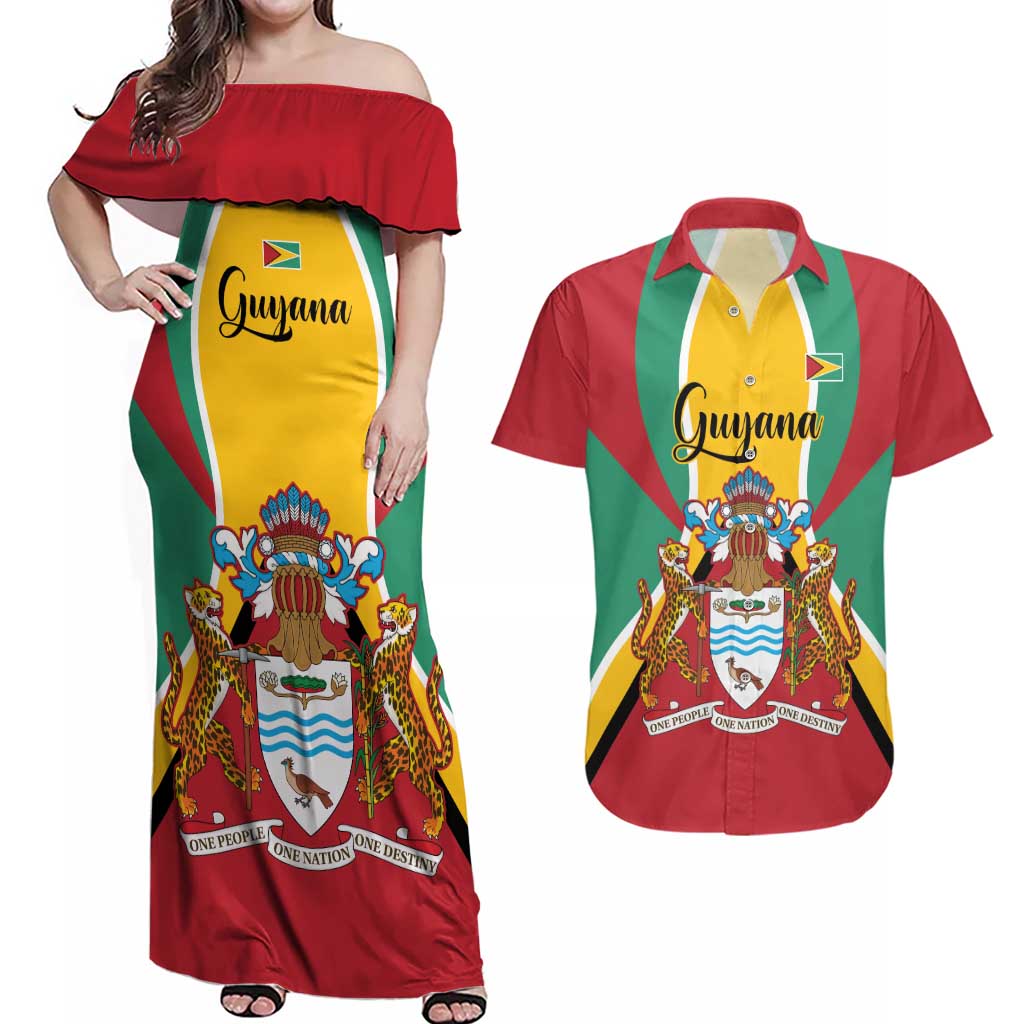 Personalized Guyana Coat Of Arms Couples Matching Off Shoulder Maxi Dress and Hawaiian Shirt Flag Color