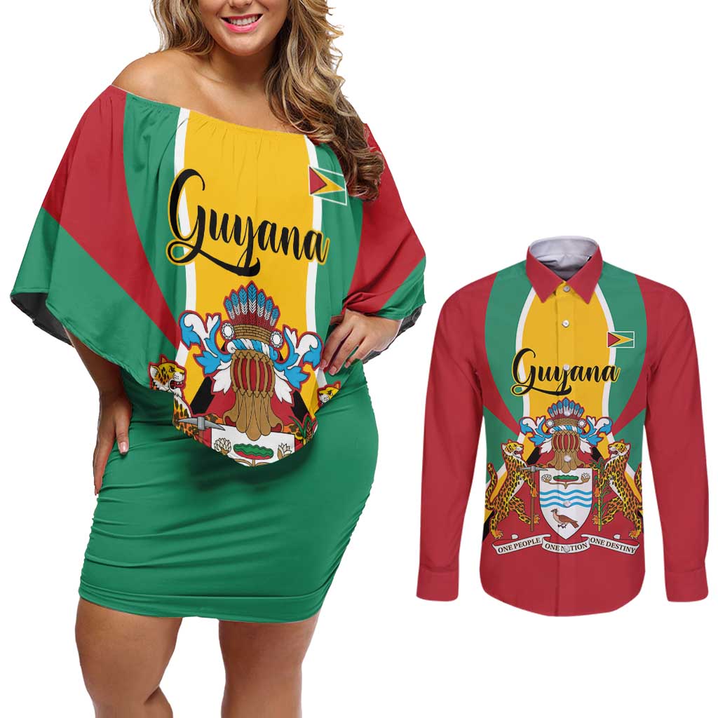 Personalized Guyana Coat Of Arms Couples Matching Off Shoulder Short Dress and Long Sleeve Button Shirt Flag Color