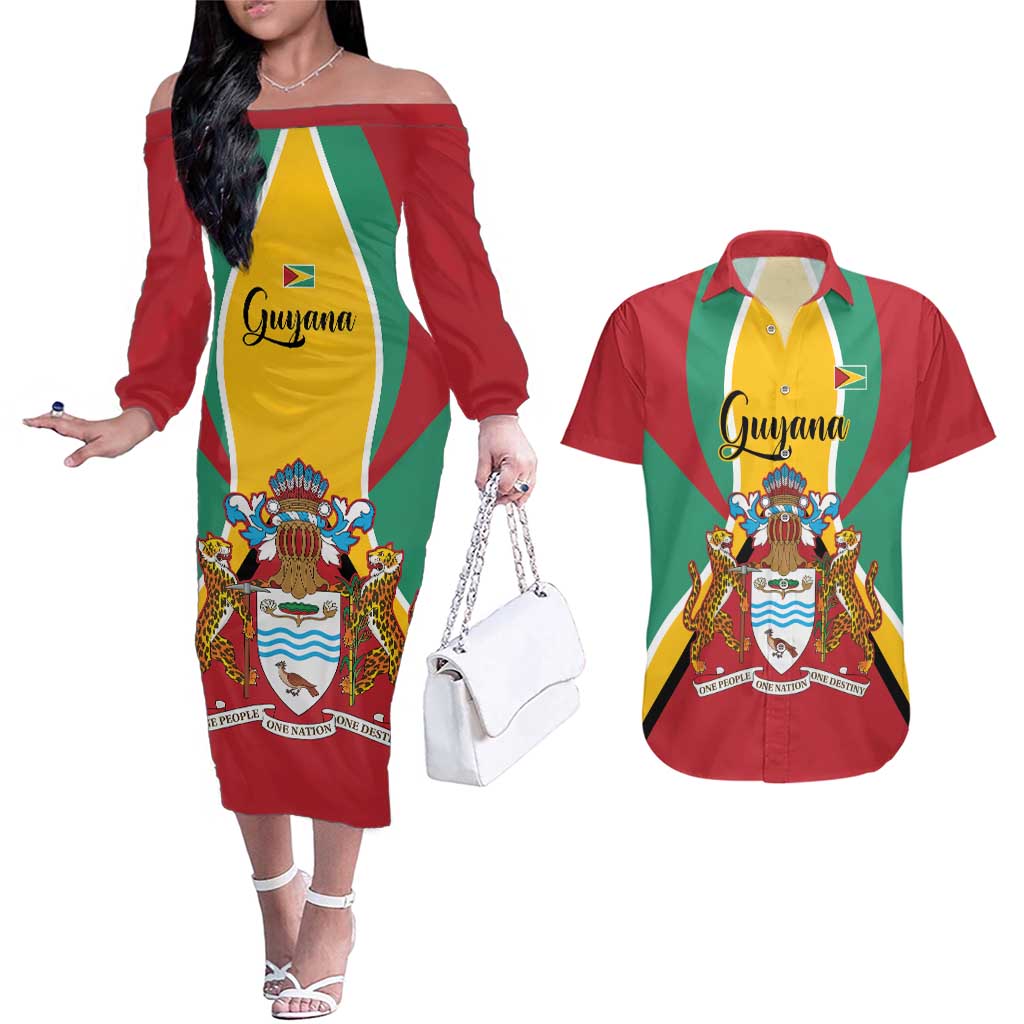 Personalized Guyana Coat Of Arms Couples Matching Off The Shoulder Long Sleeve Dress and Hawaiian Shirt Flag Color