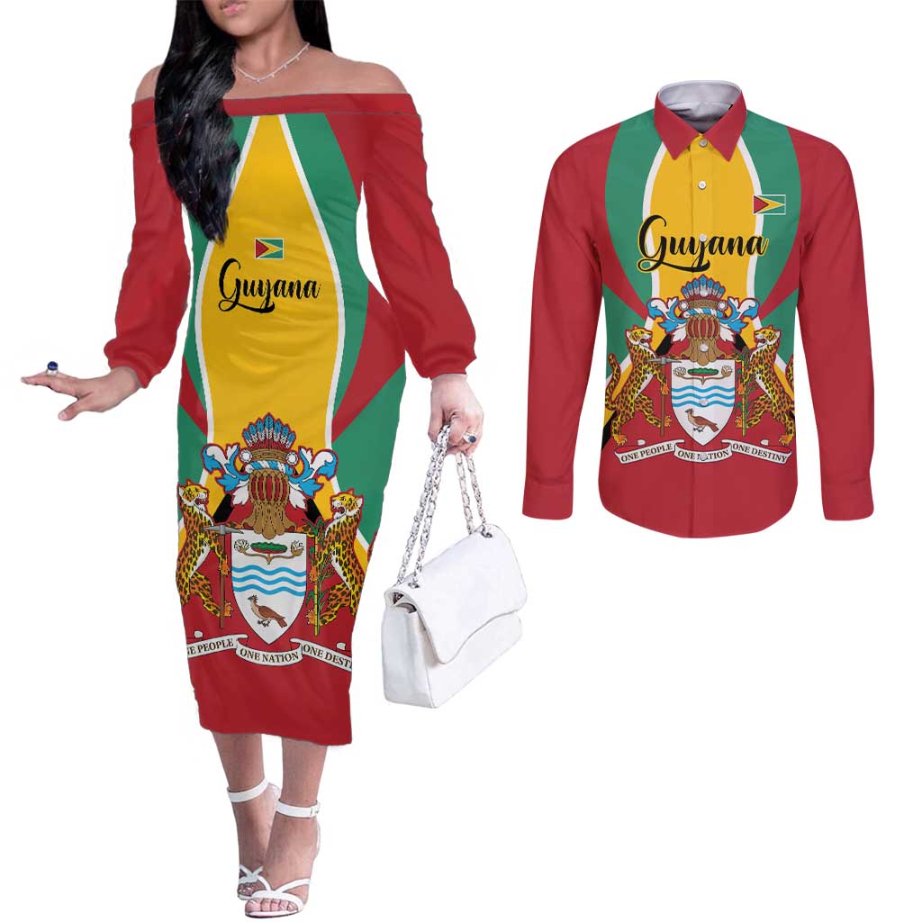 Personalized Guyana Coat Of Arms Couples Matching Off The Shoulder Long Sleeve Dress and Long Sleeve Button Shirt Flag Color