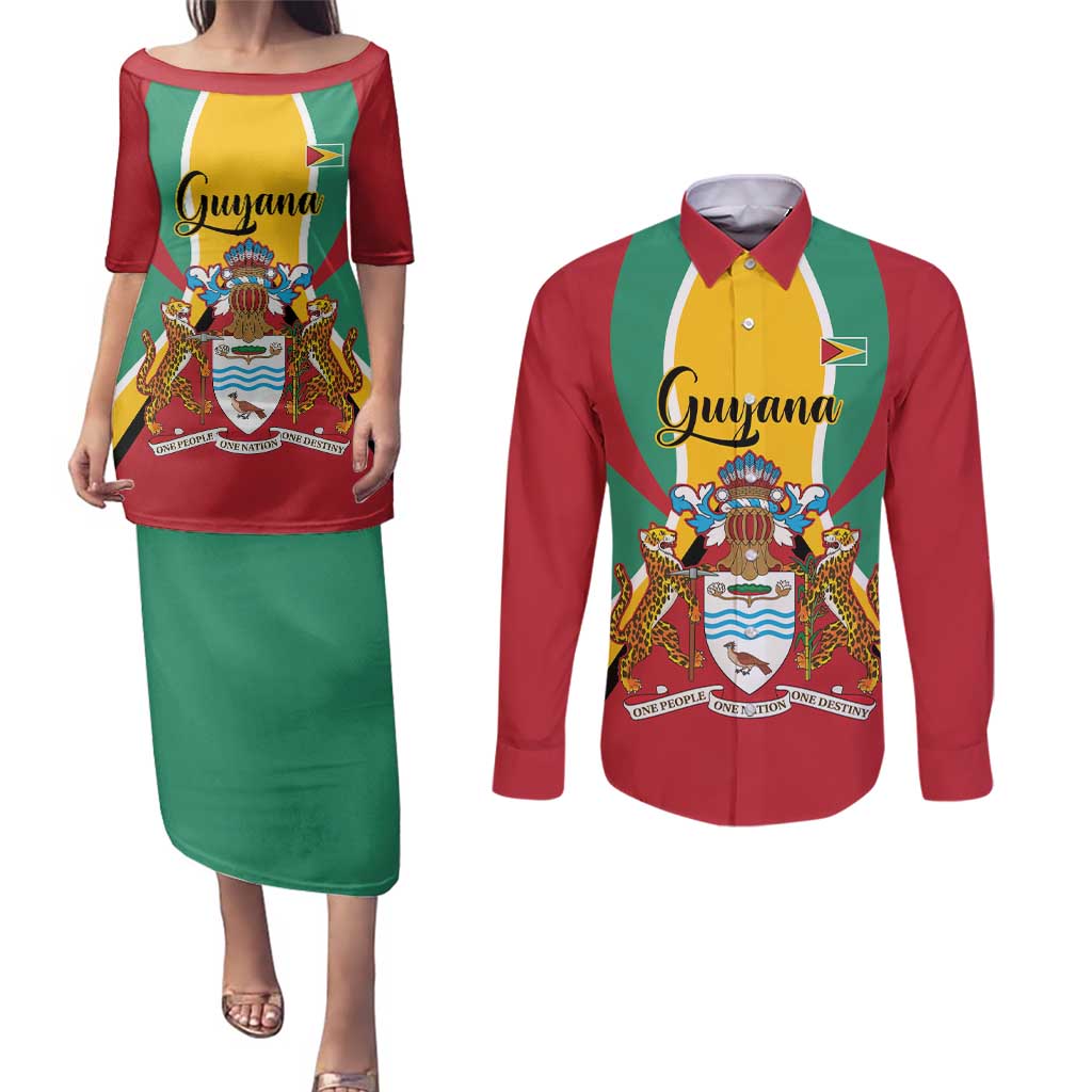 Personalized Guyana Coat Of Arms Couples Matching Puletasi and Long Sleeve Button Shirt Flag Color