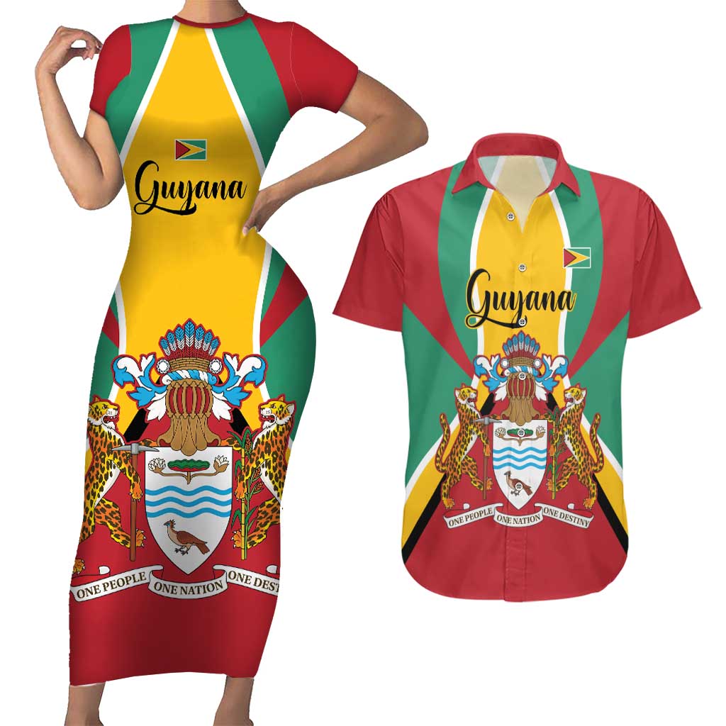 Personalized Guyana Coat Of Arms Couples Matching Short Sleeve Bodycon Dress and Hawaiian Shirt Flag Color