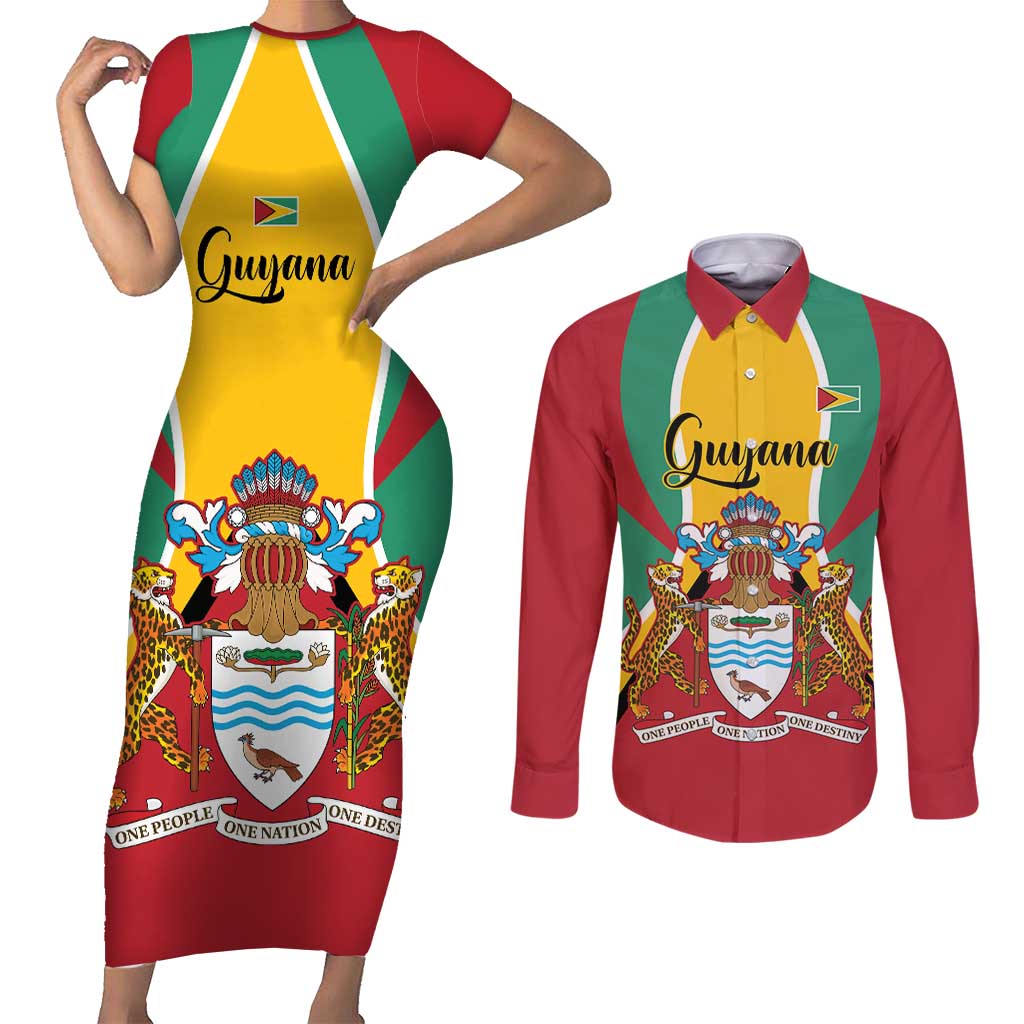 Personalized Guyana Coat Of Arms Couples Matching Short Sleeve Bodycon Dress and Long Sleeve Button Shirt Flag Color