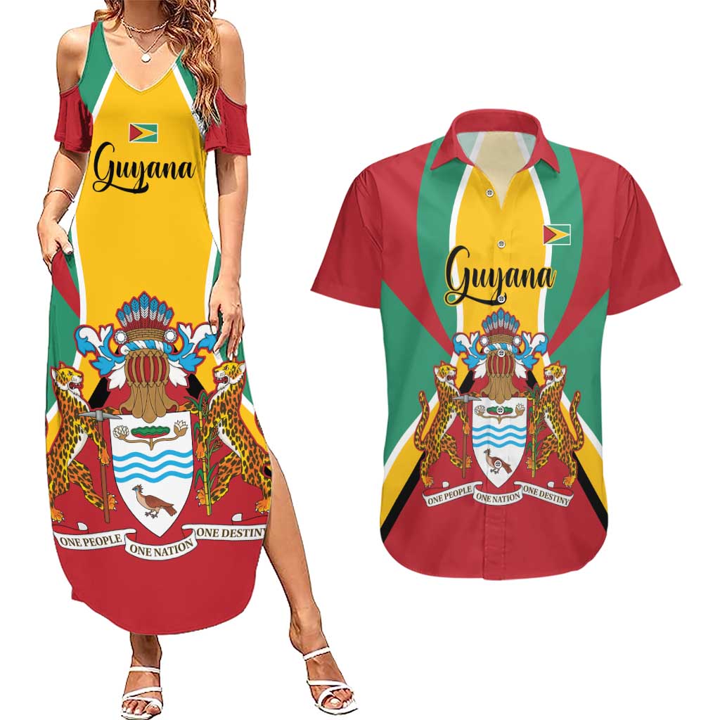 Personalized Guyana Coat Of Arms Couples Matching Summer Maxi Dress and Hawaiian Shirt Flag Color