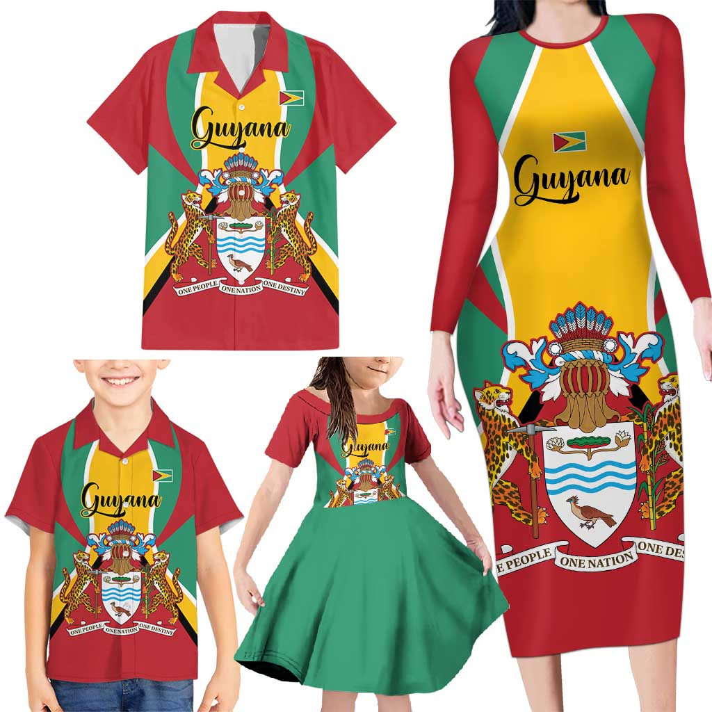 Personalized Guyana Coat Of Arms Family Matching Long Sleeve Bodycon Dress and Hawaiian Shirt Flag Color