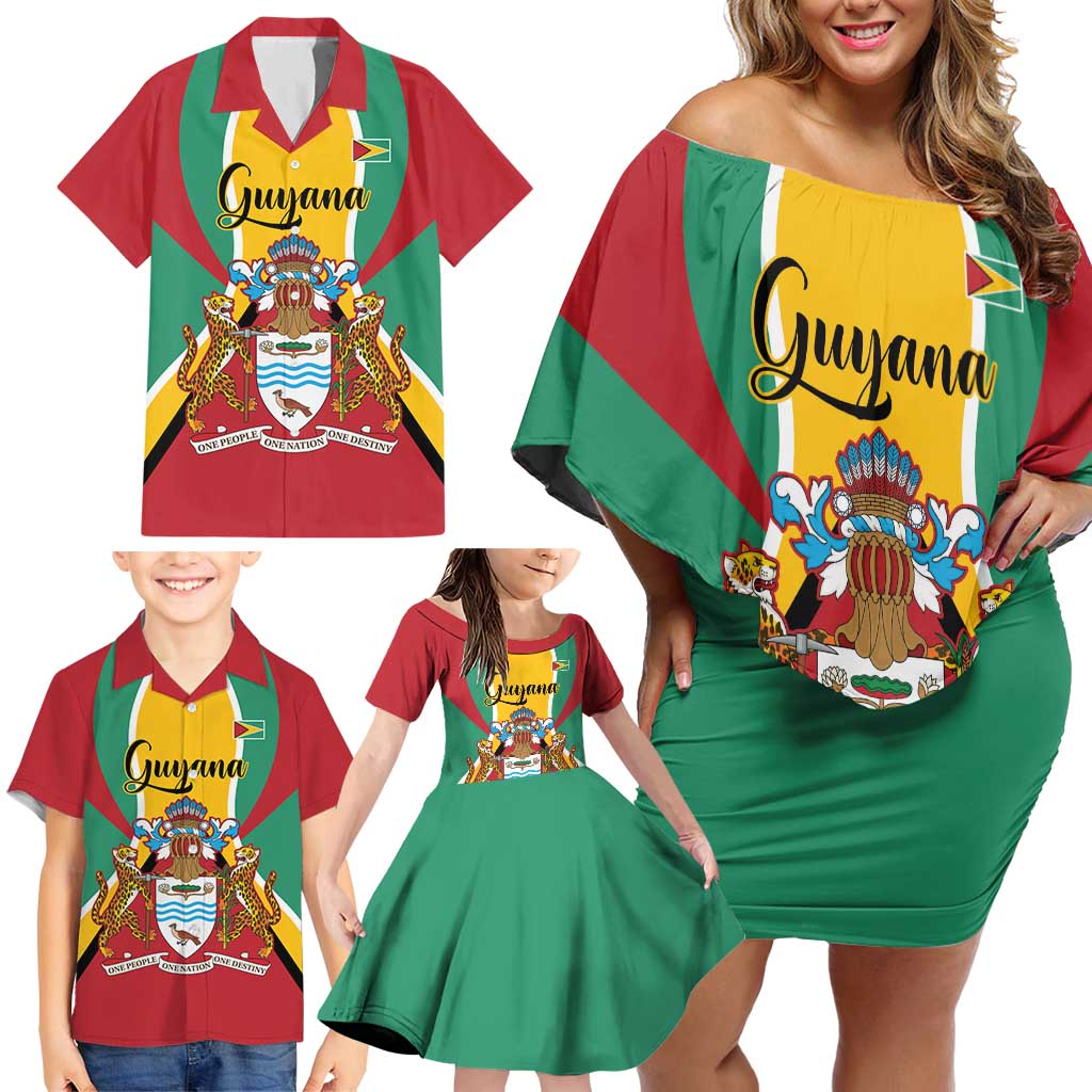 Personalized Guyana Coat Of Arms Family Matching Off Shoulder Short Dress and Hawaiian Shirt Flag Color