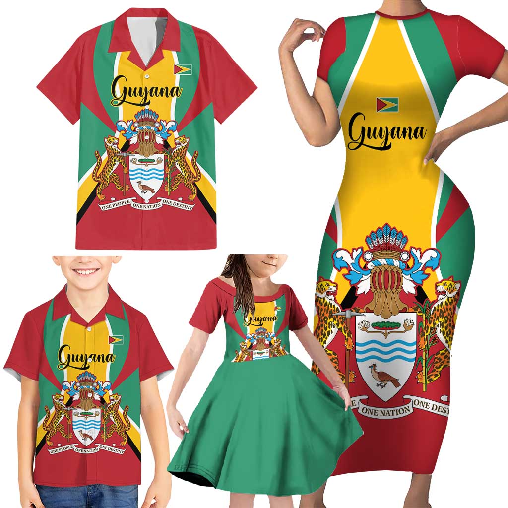 Personalized Guyana Coat Of Arms Family Matching Short Sleeve Bodycon Dress and Hawaiian Shirt Flag Color