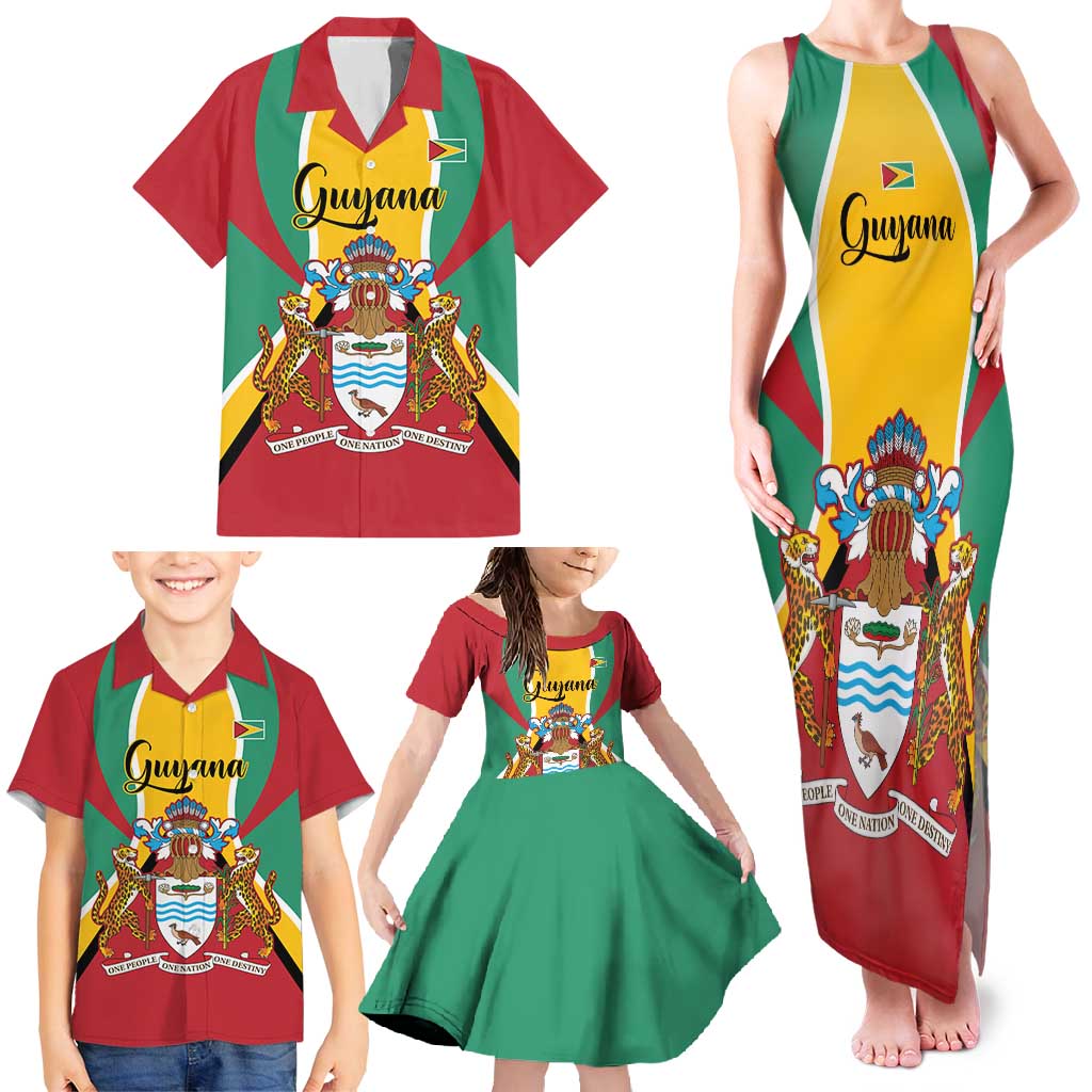 Personalized Guyana Coat Of Arms Family Matching Tank Maxi Dress and Hawaiian Shirt Flag Color