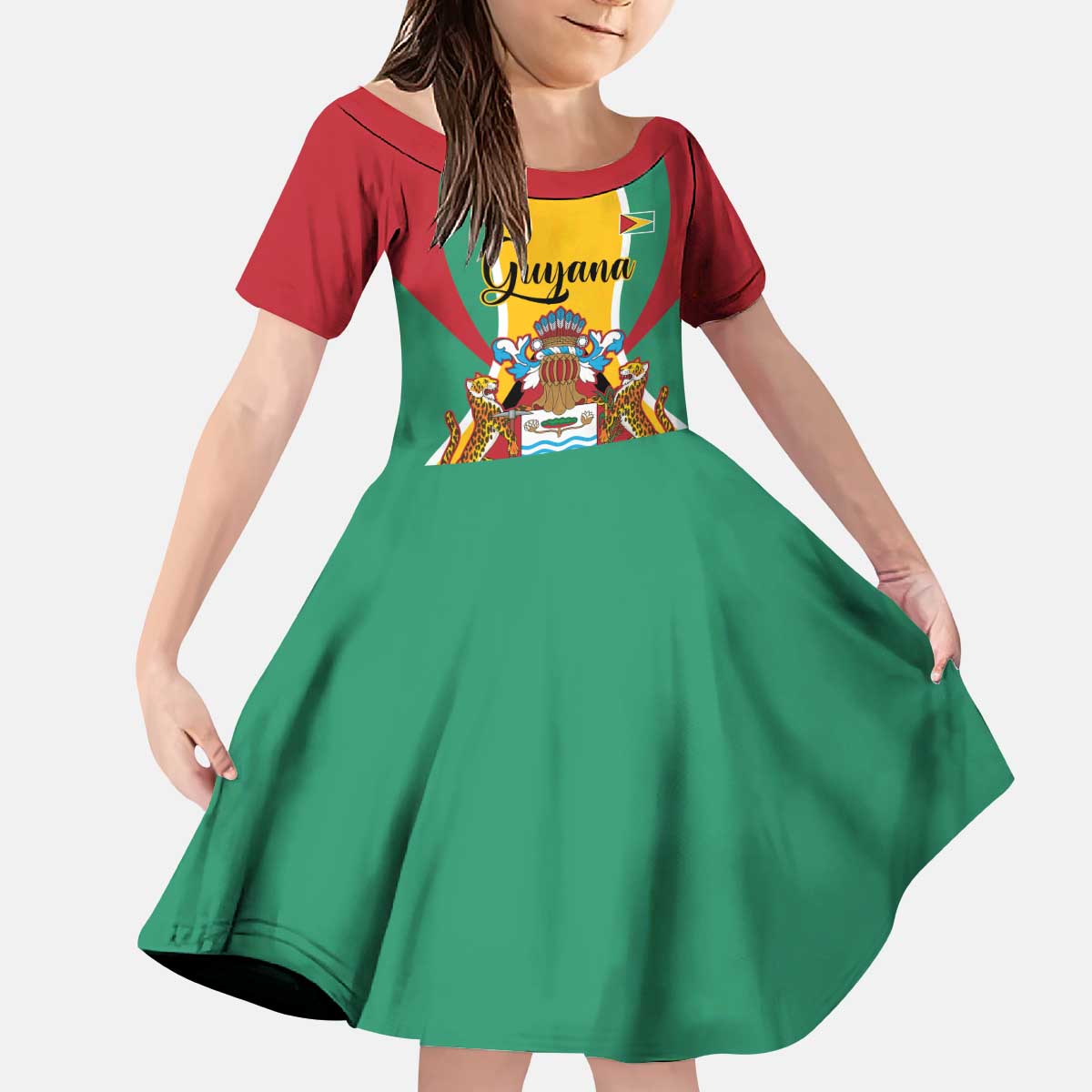 Personalized Guyana Coat Of Arms Kid Short Sleeve Dress Flag Color