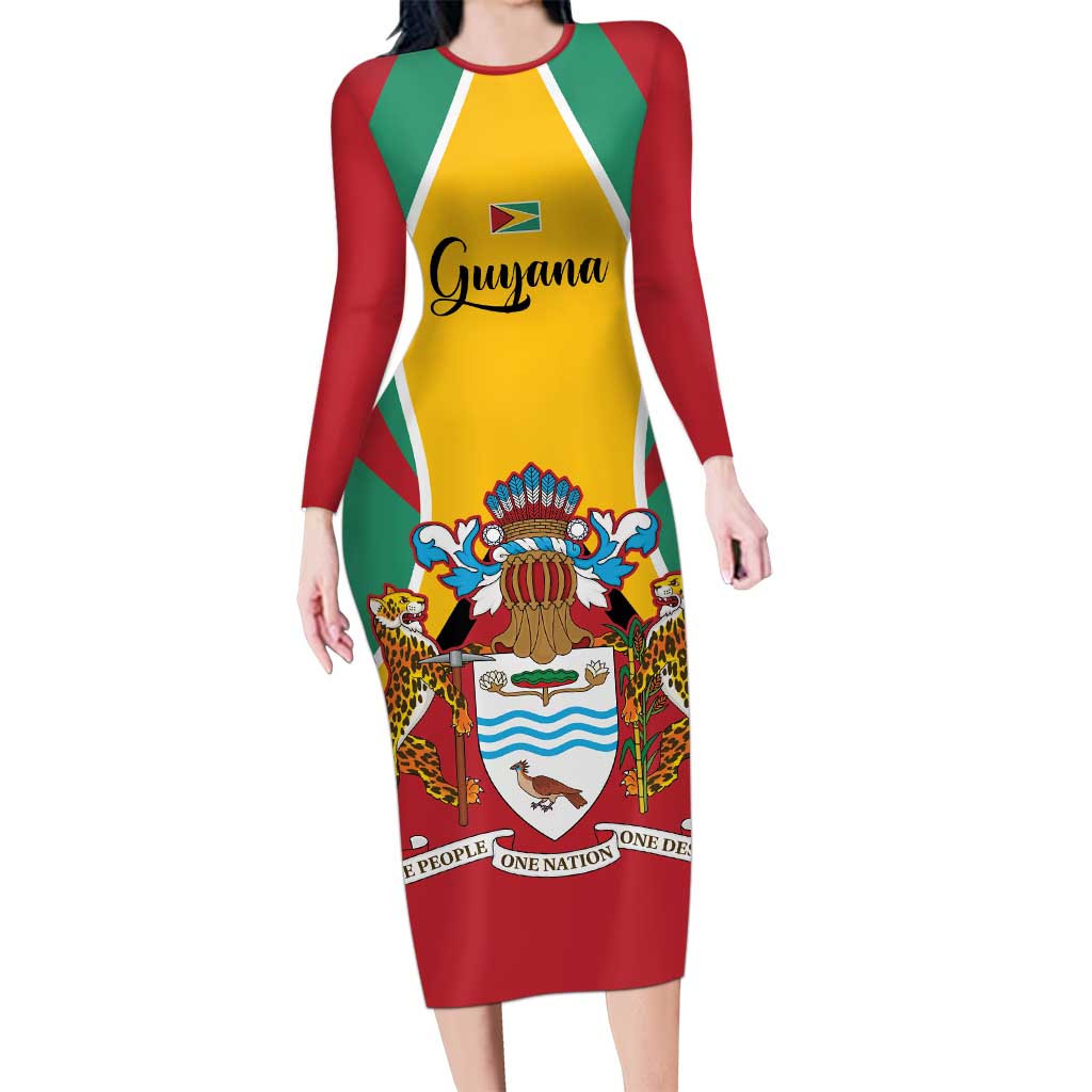 Personalized Guyana Coat Of Arms Long Sleeve Bodycon Dress Flag Color