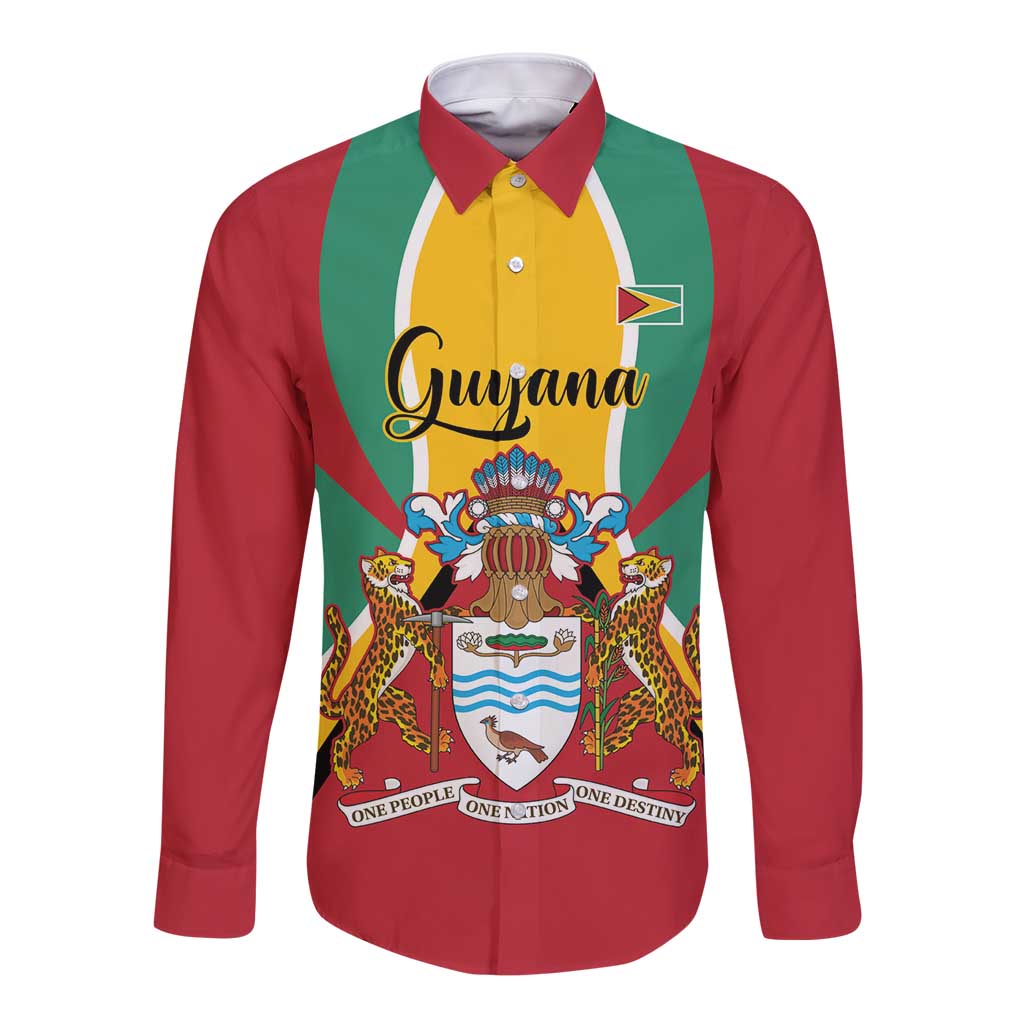 Red long-sleeve button shirt with Guyana coat of arms graphic on front