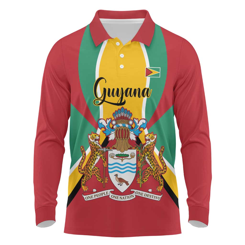 Personalized Guyana Coat Of Arms Long Sleeve Polo Shirt Flag Color