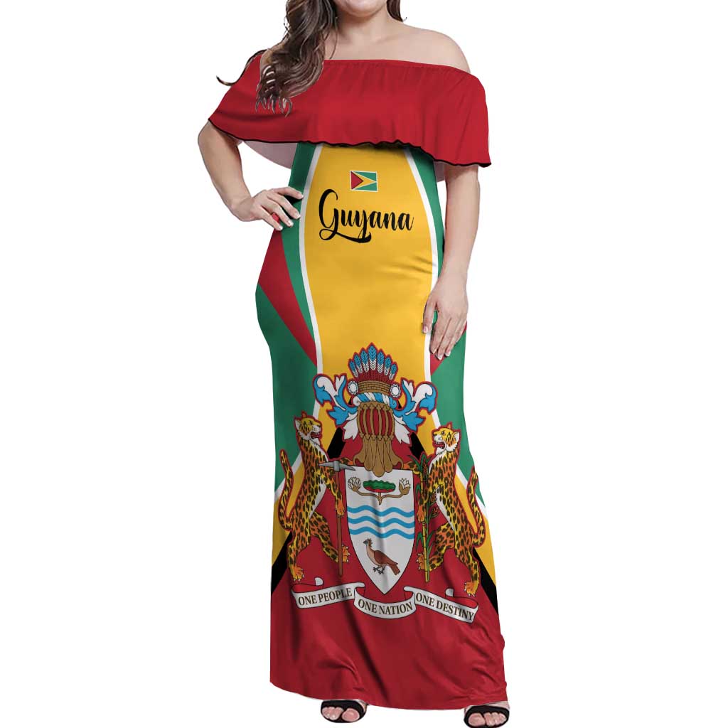 Personalized Guyana Coat Of Arms Off Shoulder Maxi Dress Flag Color