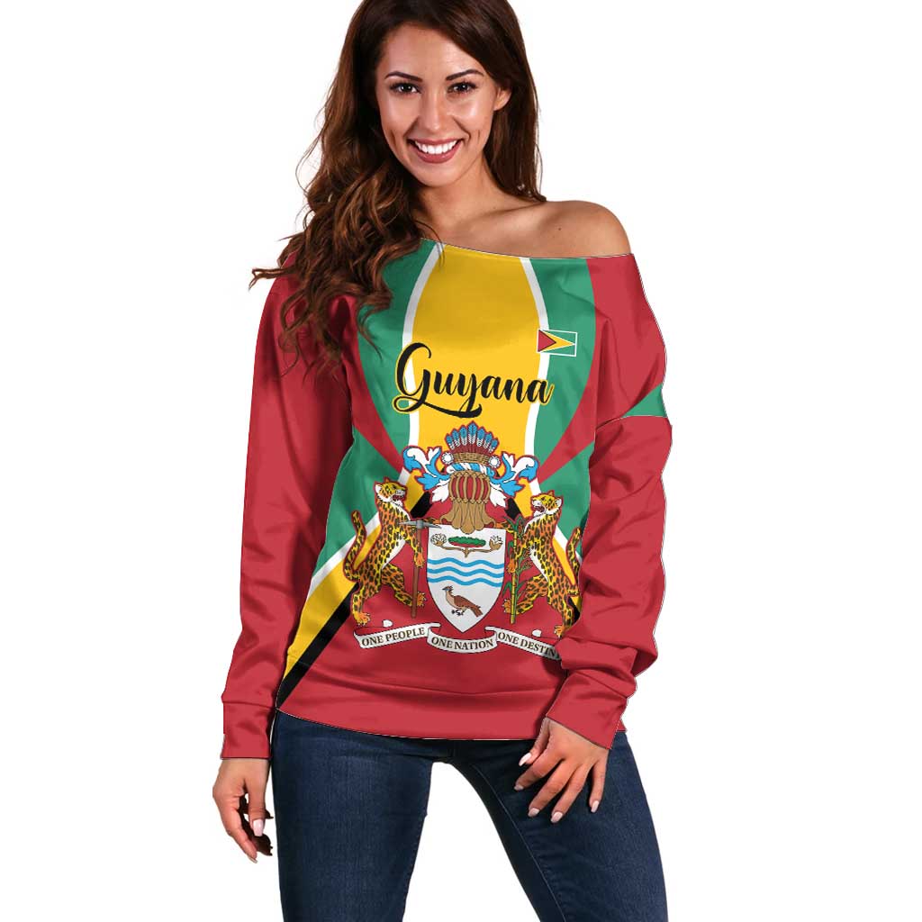 Personalized Guyana Coat Of Arms Off Shoulder Sweater Flag Color