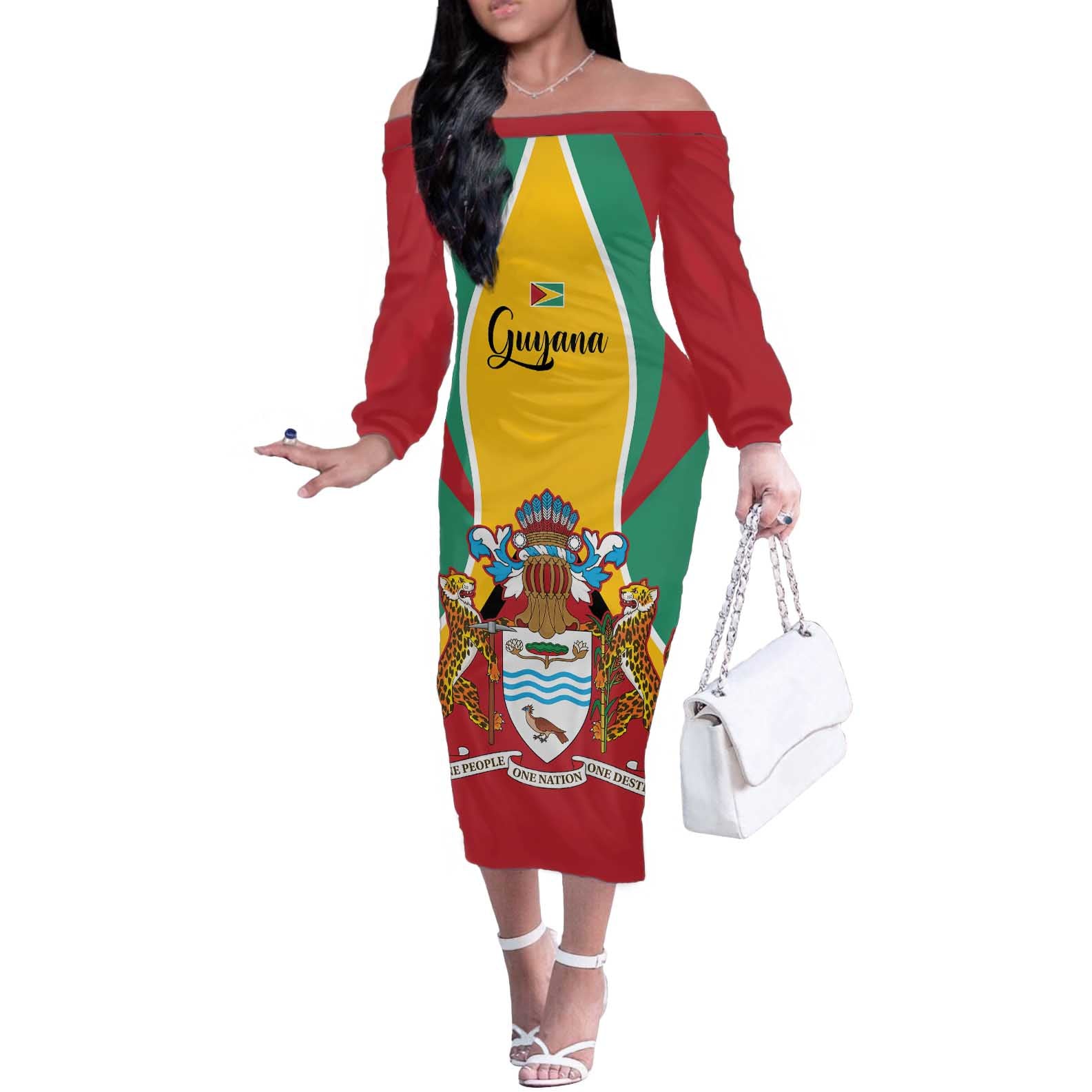 Personalized Guyana Coat Of Arms Off The Shoulder Long Sleeve Dress Flag Color