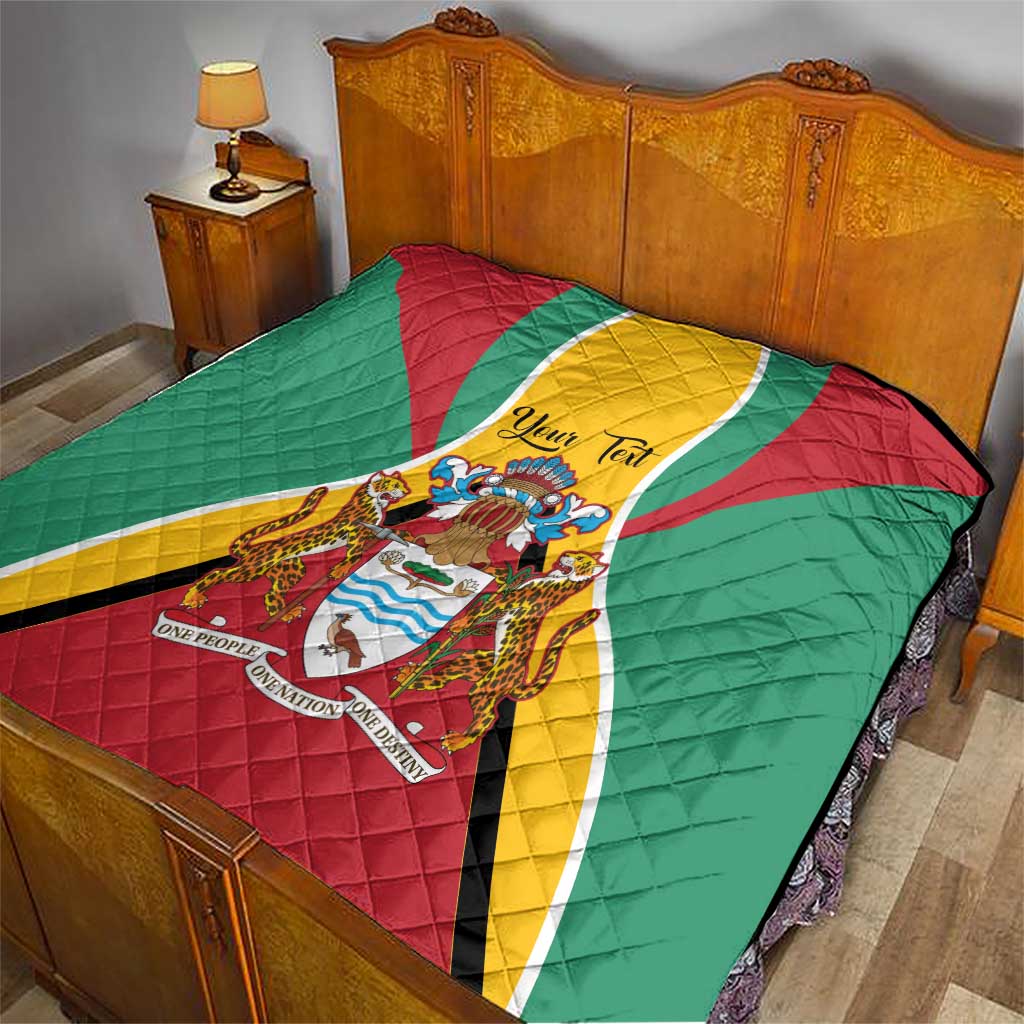 Bedroom bedspread quilt with Guyana flag colors and central crest emblem