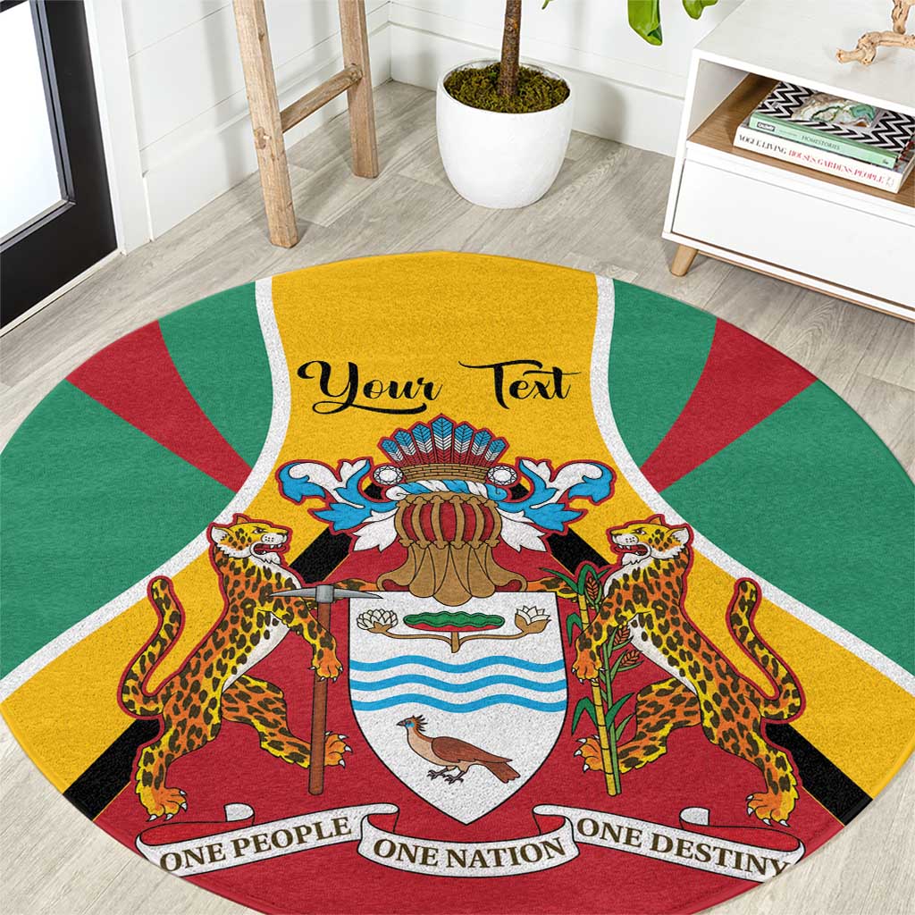 Round rug with Guyana coat of arms, red yellow green flag style center