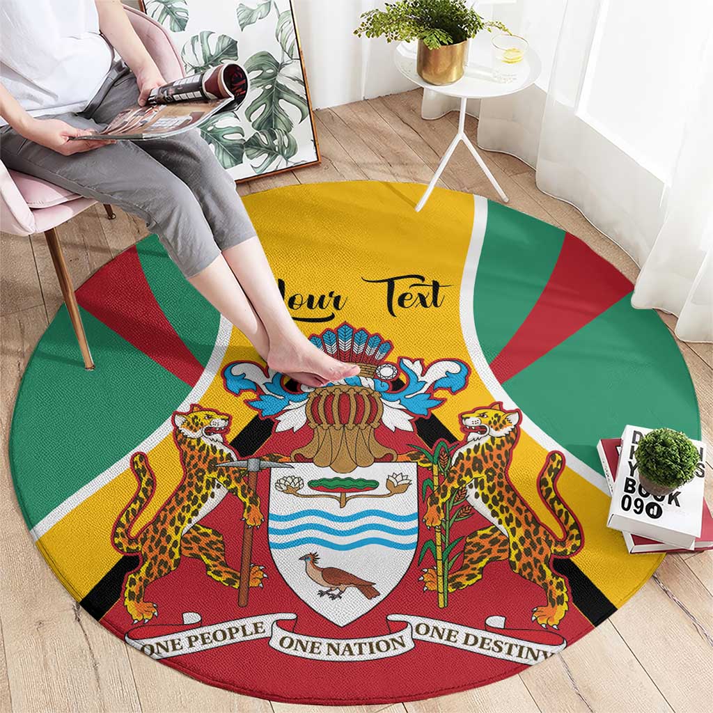 Round rug with Guyana coat of arms and “Your Text” area, green red yellow border