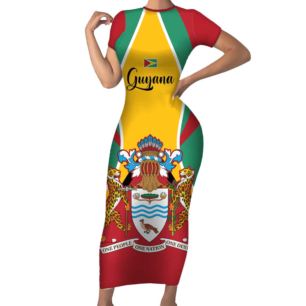 Personalized Guyana Coat Of Arms Short Sleeve Bodycon Dress Flag Color - Wonder Print Shop