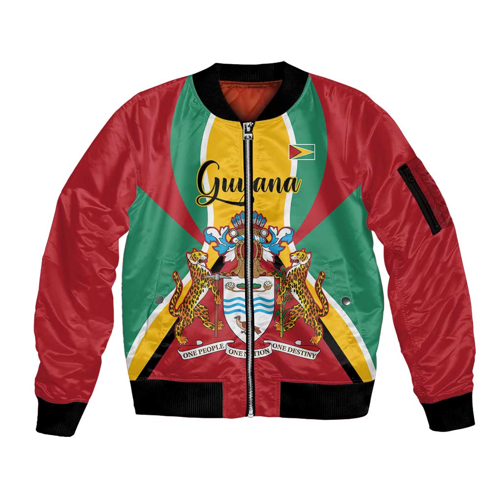 Personalized Guyana Coat Of Arms Sleeve Zip Bomber Jacket Flag Color - Wonder Print Shop