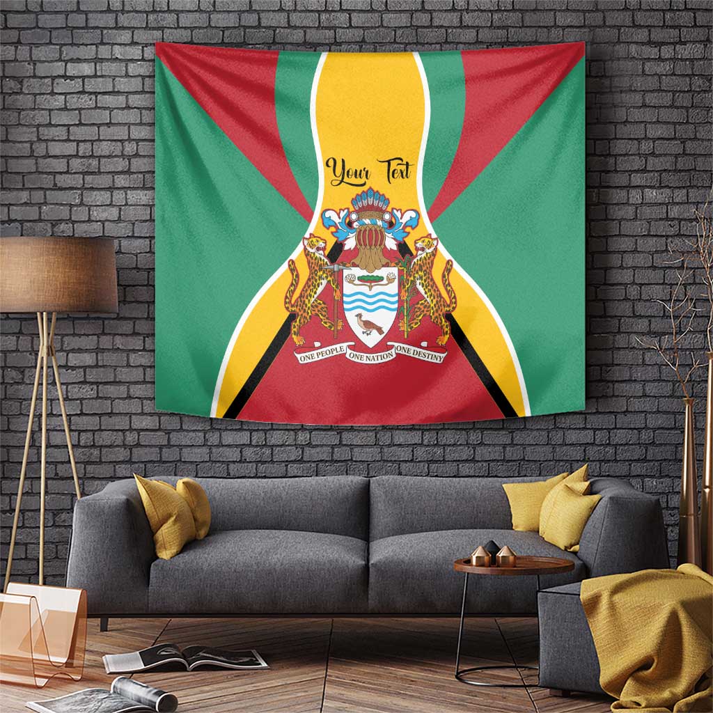 Guyana coat of arms tapestry flag, green and red with centered yellow crest.