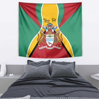 Guyana tapestry flag showing a central crest with rays in green, red, and yellow.