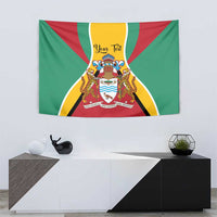 Guyana coat of arms tapestry flag with large central shield and layered striped motif.