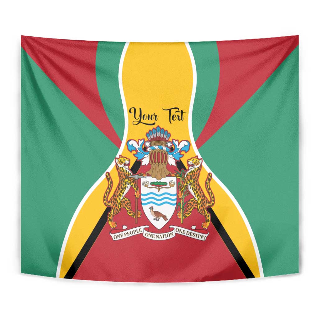 Guyana coat of arms tapestry flag with yellow ring and central shield emblem.