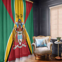 Guyana flag window curtain with coat of arms design, red and green fabric with yellow accents.