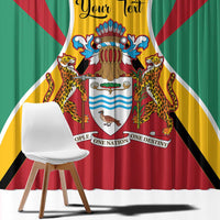 Guyana coat of arms window curtain panel with lions and shield in red, green, and yellow.