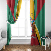 Guyana flag window curtain with coat of arms artwork in red, green, and yellow.