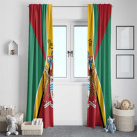 Pair of Guyana flag window curtains with coat of arms, red and green fabric with yellow trim.