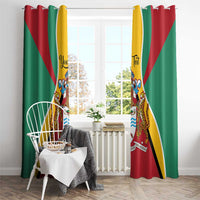 Guyana flag window curtains with coat of arms design, green and red panels with yellow bands.