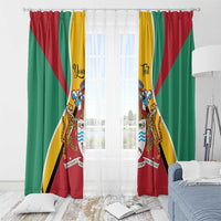 Guyana flag window curtains with coat of arms graphic, red and green fabric with yellow header.