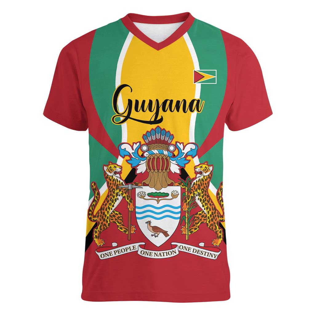 Personalized Guyana Coat Of Arms Women V-Neck T-Shirt Flag Color - Wonder Print Shop